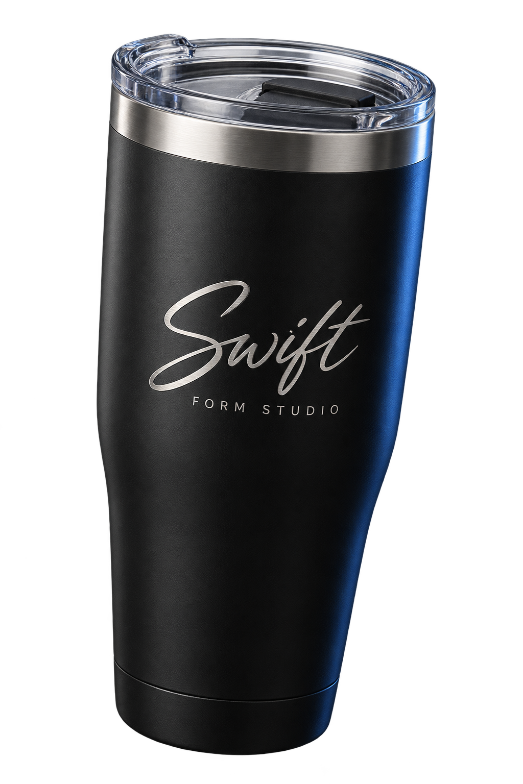 Concept mockup of a matte black tumbler with silver Swift Form Studio engraving